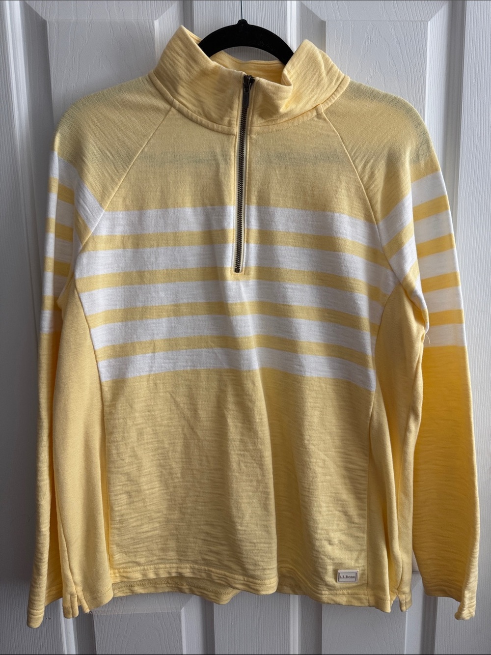 L.L. Bean Yellow and White Striped Quarter-Zip Long Sleeve Top